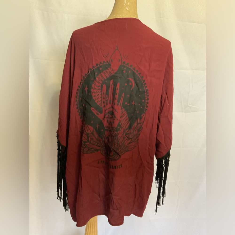 Gypsy warrior maroon colored light cardigan with fringe detail size OS